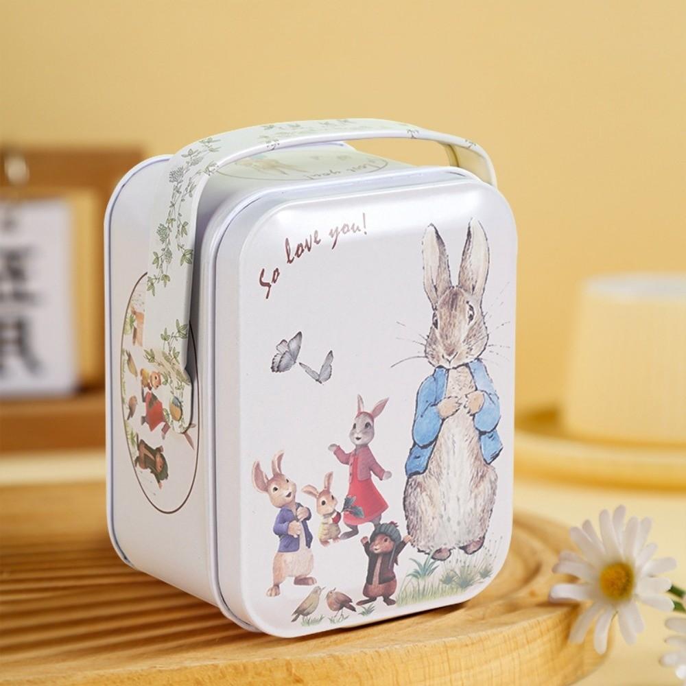 Rabbit Printed Tin Storage Box with Handle Storage Can Portable Tinplate Candy Box  Party Style A
