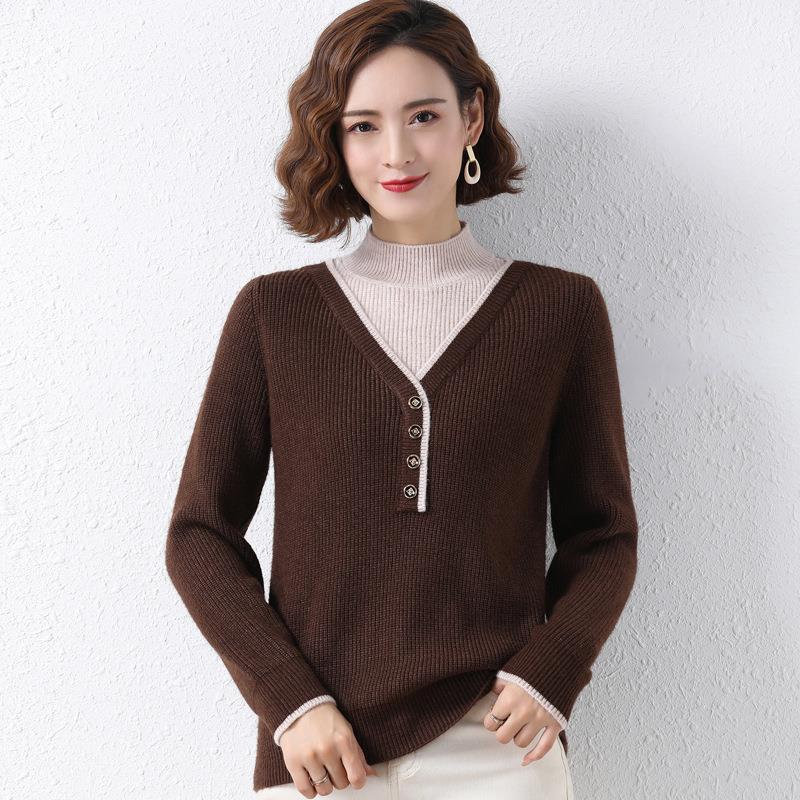 Suéter de cuello medio para mujer, holgado, versátil, estilo occidental, imitación de dos piezas, camiseta de punto básica, otoño e invierno