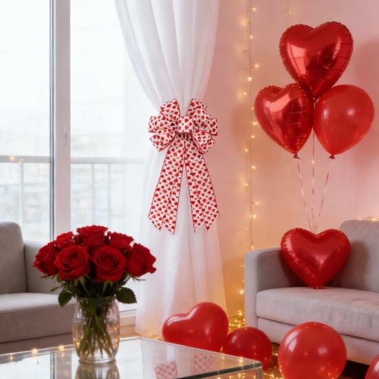 Valentine's Day Bow Heart Wreath Red Heart Christmas Tree Topper Bow Tie Decor for Romantic Party Home Celebration
