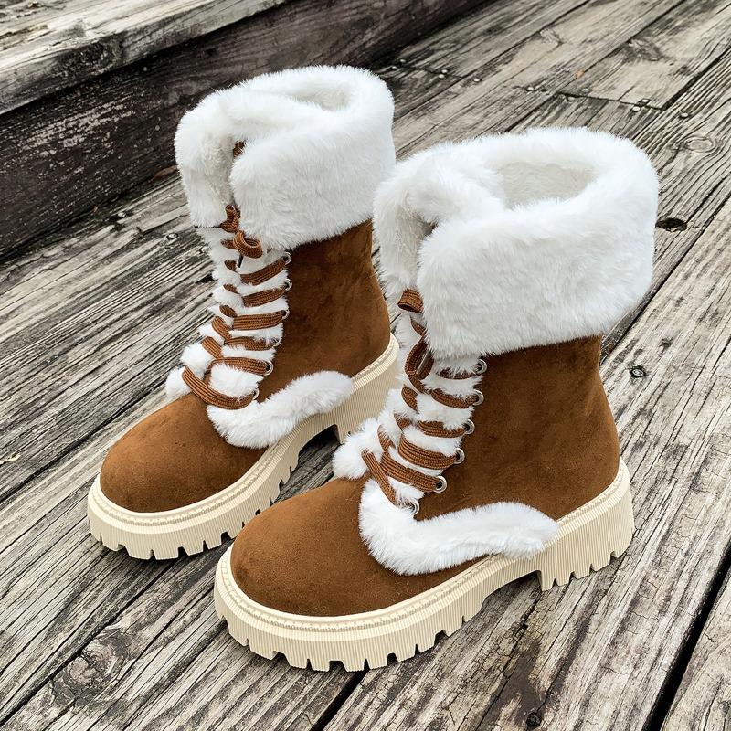 Autumn and winter large size cotton boots fluffy medium tube plush warm snow boots thick sole flanged thick heel medium tube boots women