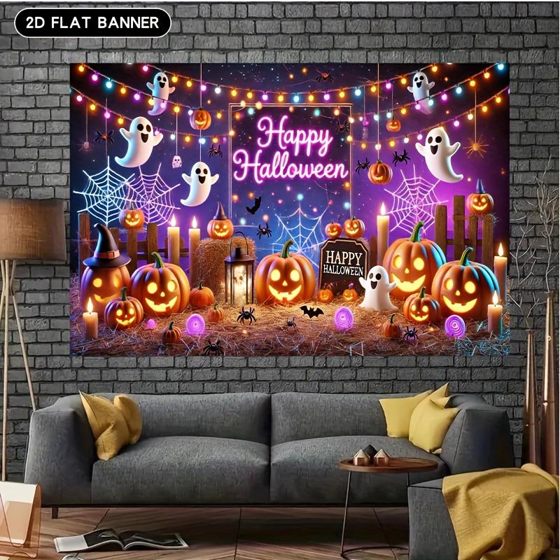 1pc Halloween background banner, terrifying pumpkin design, Christmas and universal holiday decorations