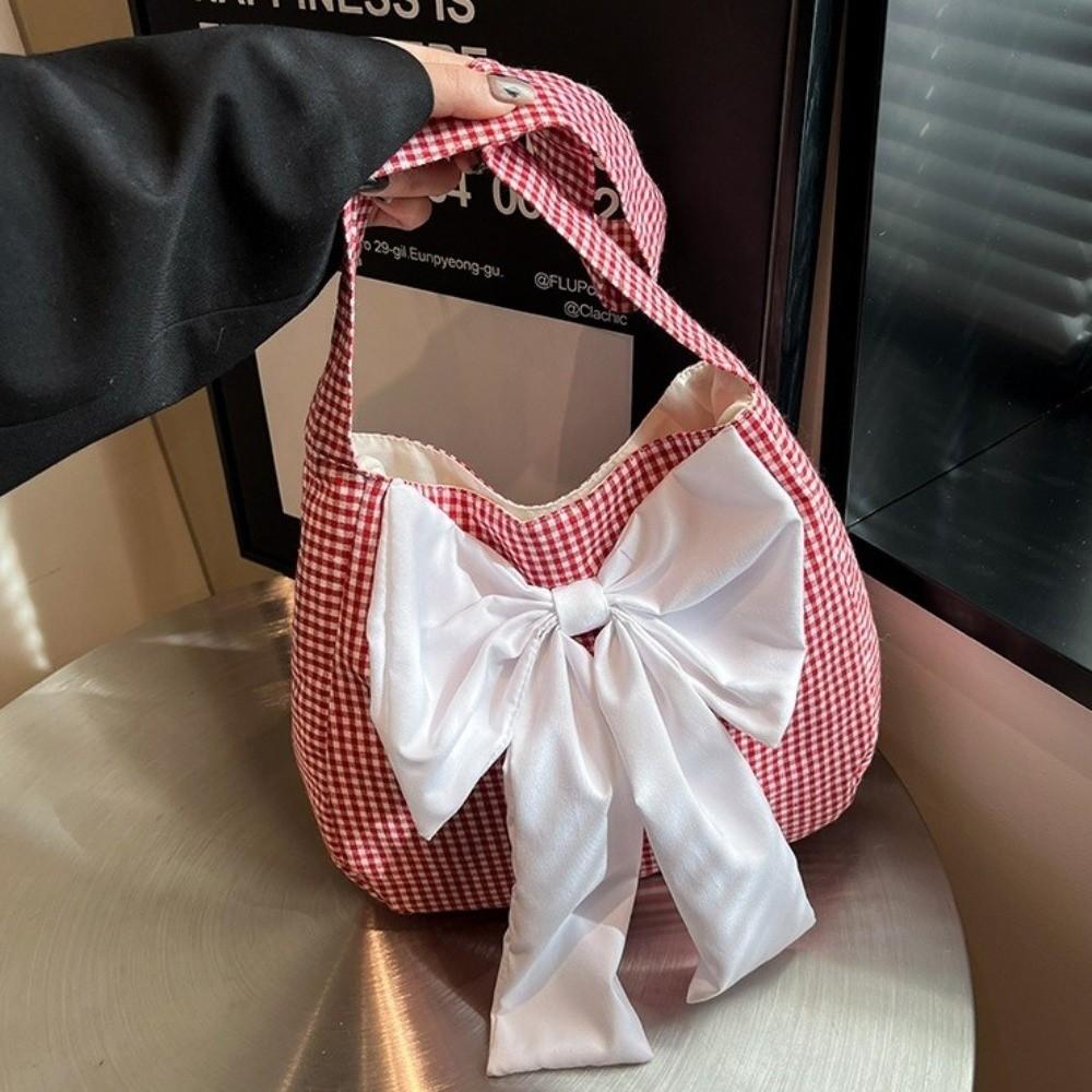 Lattice Bow Shoulder Bag Cloth Canvas Tote Bag Simple Plaid Shoulder Bag  Travel
