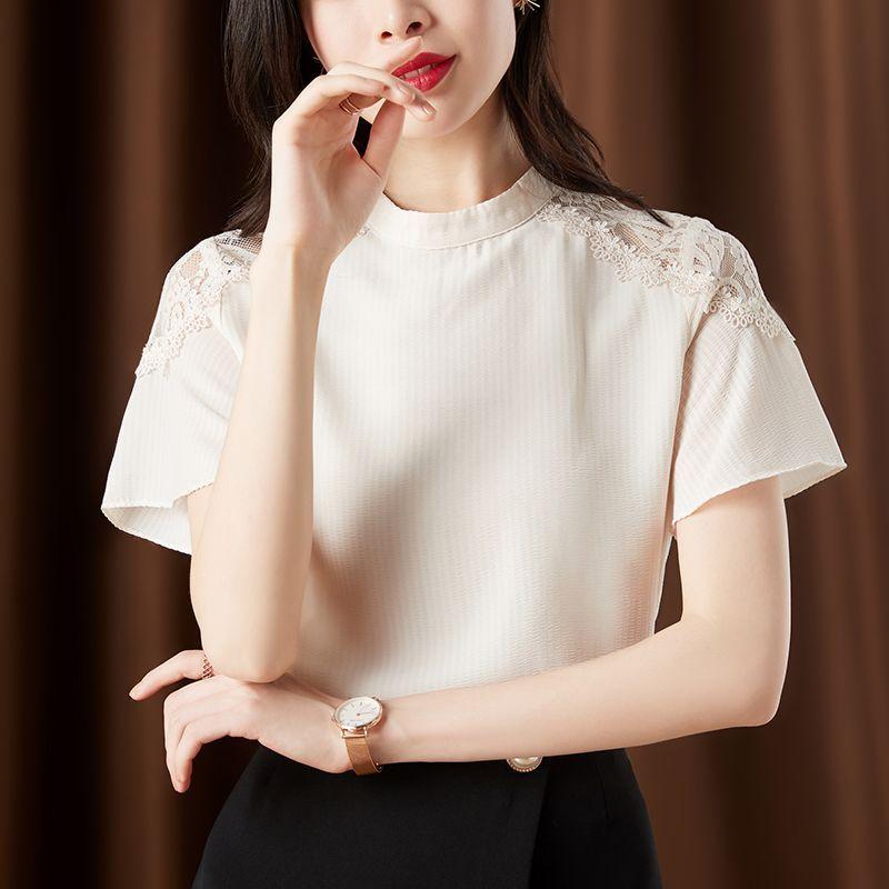 Chic Chinese Style Summer Blouse Womens Lace Short Sleeve Casual Fashion Chiffon Top