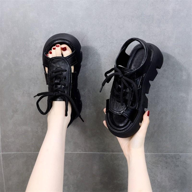 Womens Fashionable Chunky Sandals 2025 Summer Hollow-out Lace-up Casual Shoes Roman Beach Non Slip Wedge Shoes Sanalias De Mujer