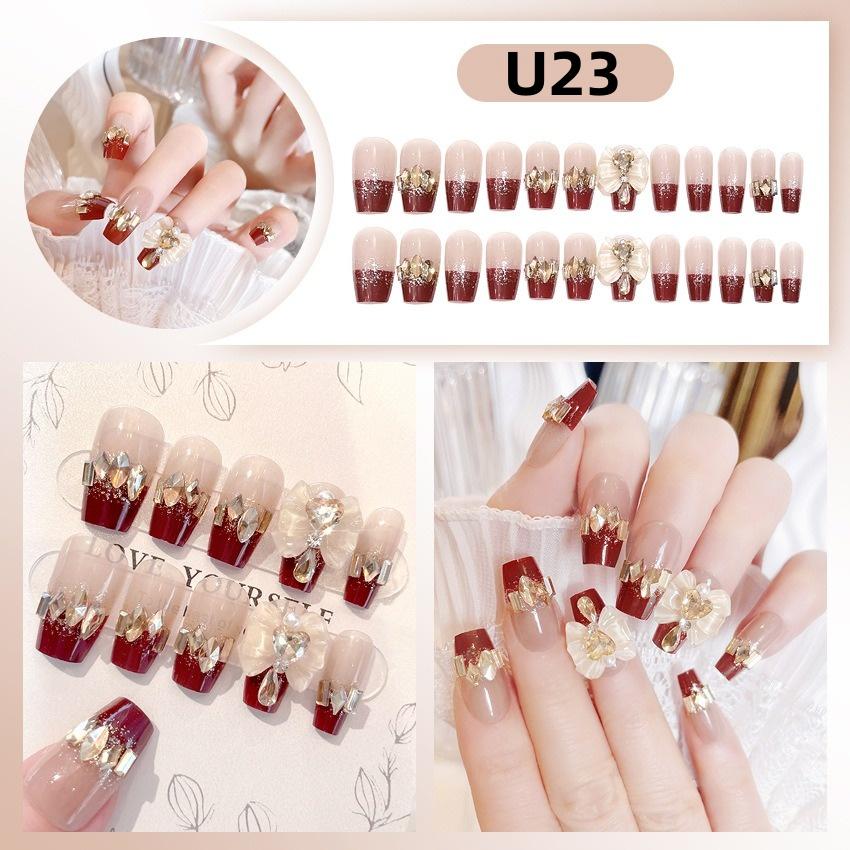 White Blue Color 3D Rabbit Star Rhinestone Designs-Full Cover Acrylic False Nails for Women and Girls Detachable Long Fake Nails