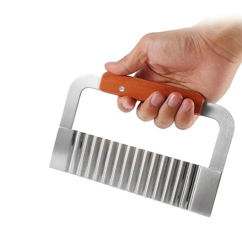 Stainless Steel Wave Knife Spike French Fries Cutter Creative Corrugated Noodle Knife Wooden Handle Potato Cutter