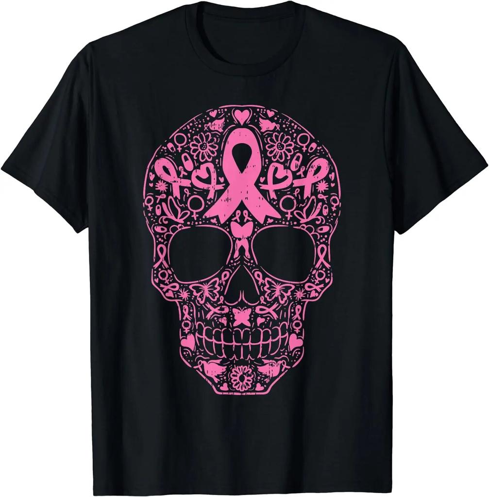 Sugar Skull Pink Ribbon Calavera Brustkrebs-Bewusstseins-T-Shirt, kurz, lässig, täglich, vier Jahreszeiten, T-Shirt, Grafik-T-Shirts, T-Shirts