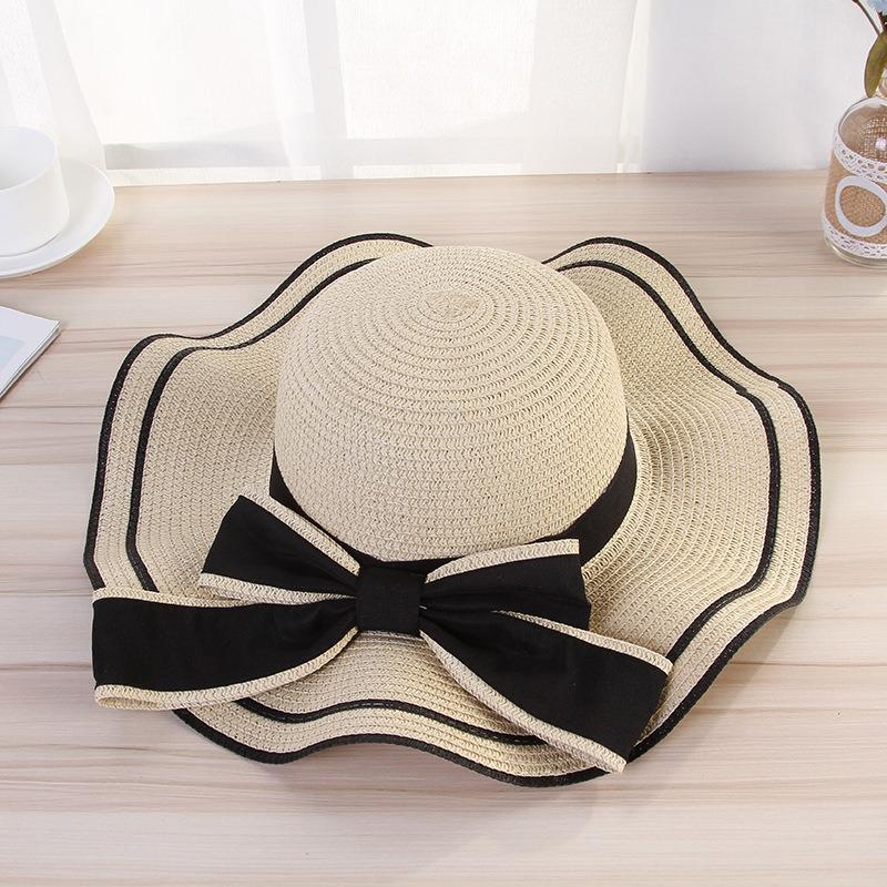 Summer Bow Sun Hat Female, Seaside Beach Vacation Sun Hat Outdoor Big Brim Sun Hat Sweet Straw Hat