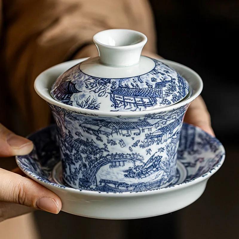 140ml Chiński Niebiesko-Biały Porcelanowy Gaiwan Filiżanka do herbaty Ręcznie malowana Ceramiczna Miseczka na herbatę Domowa Miseczka na herbatę Przenośne Naczynia do herbaty