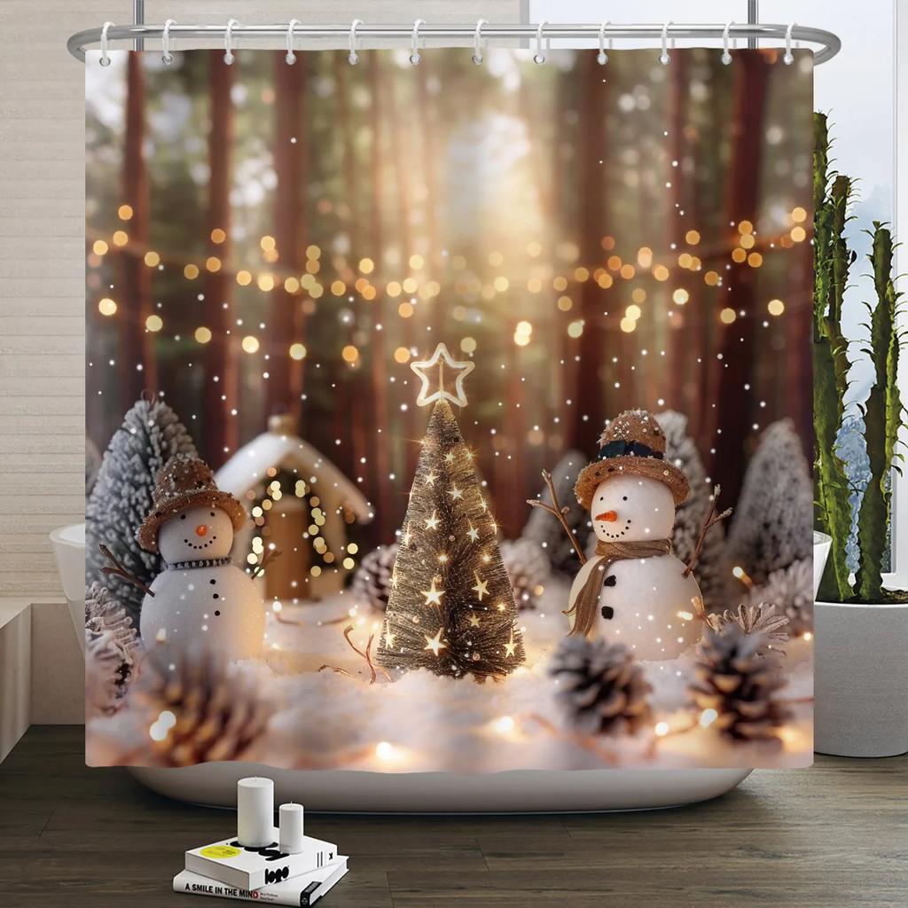 GAEMerry Christmas Duschvorhang Winter Schnee Weihnachtsmann Weihnachtsbaum Dekor Badezimmer Vorhänge Wasserdichte Badewannenwand