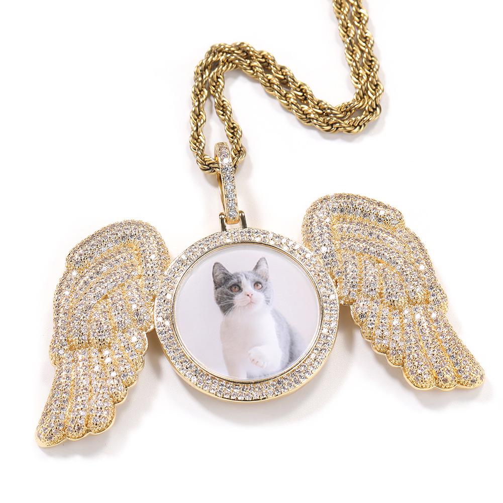 Cross-Style Rhinestone Wing Photo Frame Pendant Necklace - European American Hip Hop Fashion