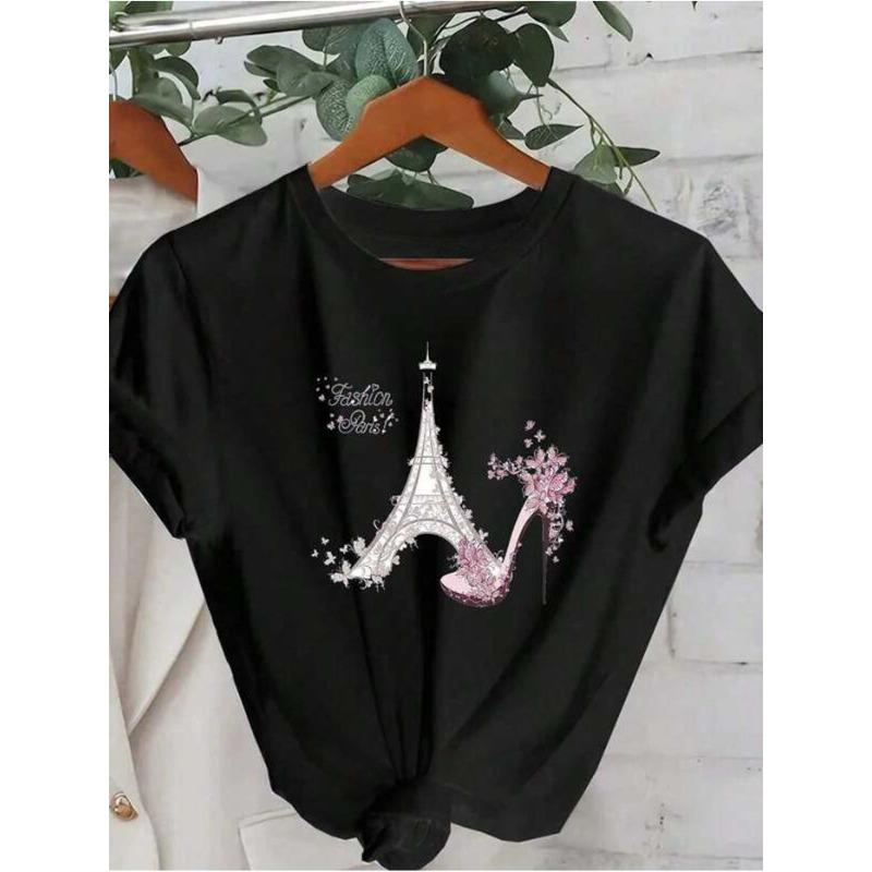 

T-Shirt - Black Casual Crew Neck Lightweight 262g Machine Washable Blouse for Spring Summer Fall, Valentine s Day, Mother s Day Outfits 4XL