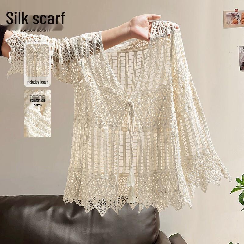 Women s Pure Cotton V-Neck Tie-Front Hollow Knit Top One Size