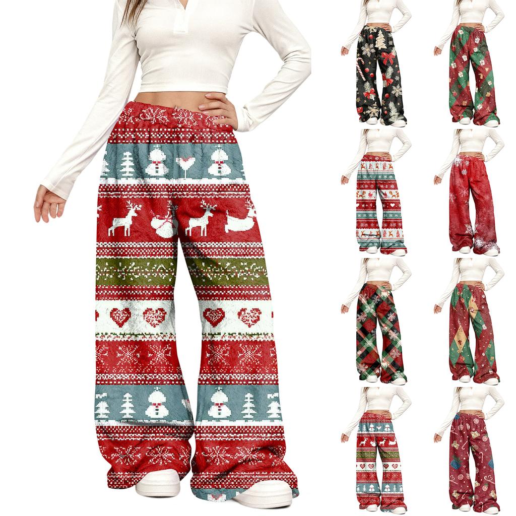 Women's Casual Fashion Christmas Print Elastic Waist Loose Plush Wide Leg Pants