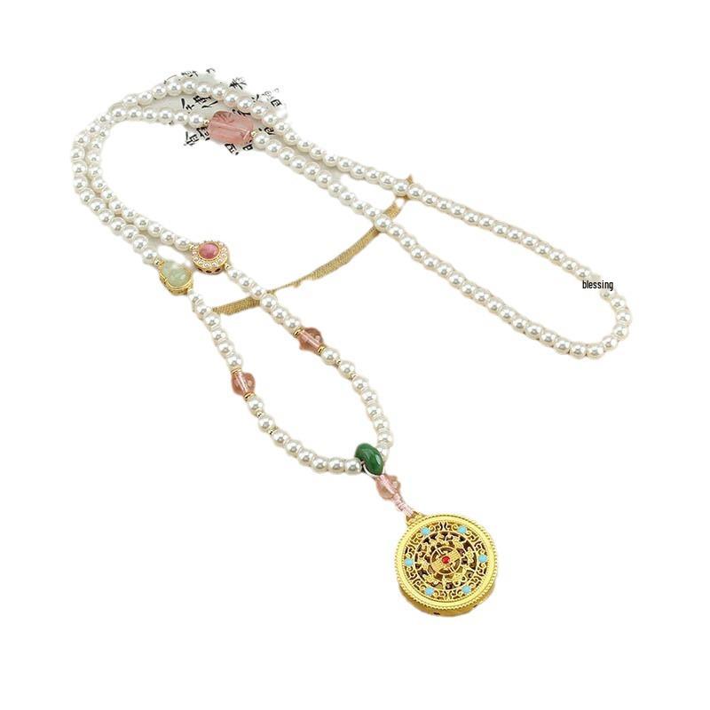 Retro Five Blessings Imitation Pearl Necklace with Cloisonné Pendant - Chinese Style Long Beaded Accessory