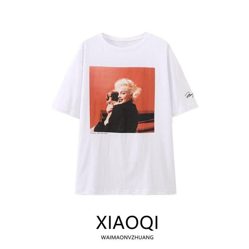 Fashion Style 2024 Autumn New Women's Clothing Easiest for Match Marilyn Monroe Print Short Sleeve T-shirt 0085032