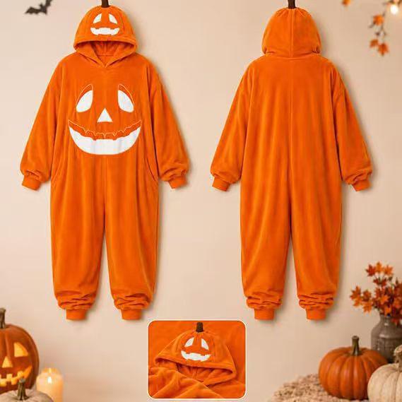 Pigiama Intero in Pile Corallo Autunno/Inverno con Zip - Spesso, di Velluto e a Tema Halloween per Uso Interno ed Esterno