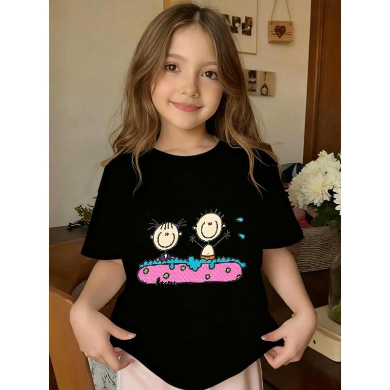 

European Size Girls Round-neck Short-sleeved T-shirt with Cartoon Boy and Girl Pattern Print 98cm чёрный
