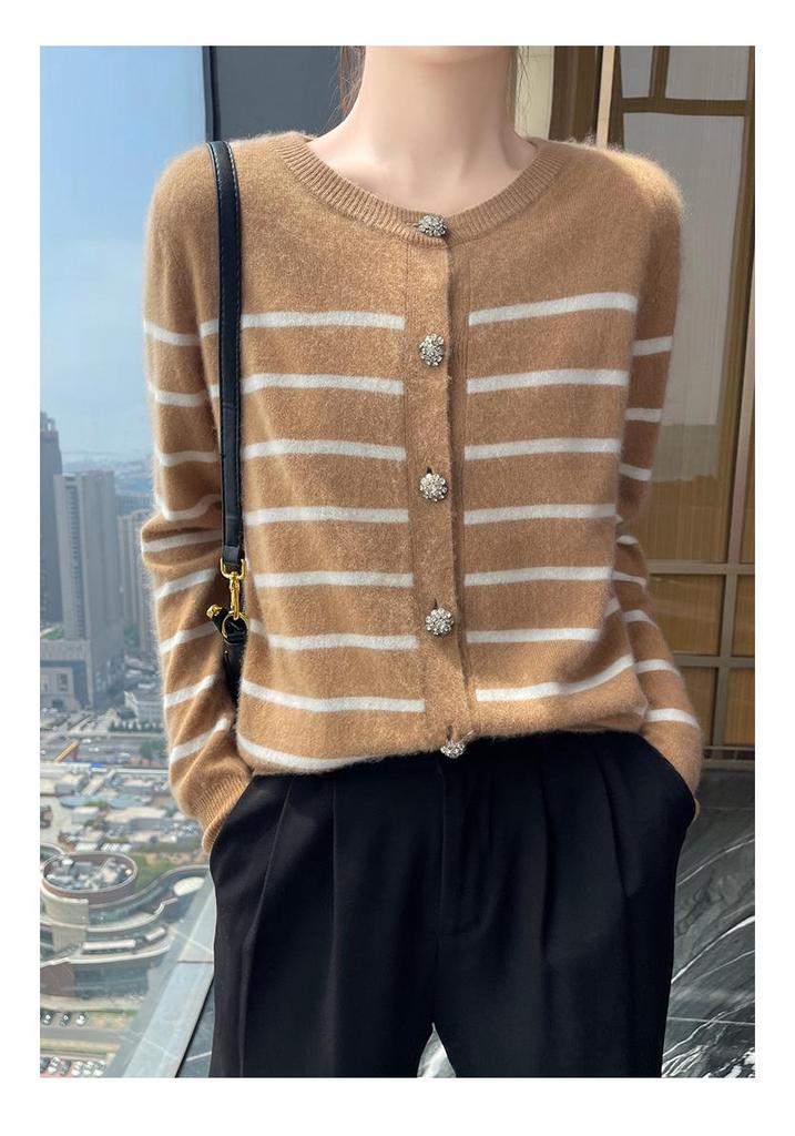 Women's Autumn Winter Cashmere Stripe Knit Cardigan - Round Neck, Versatile Loose Sweater