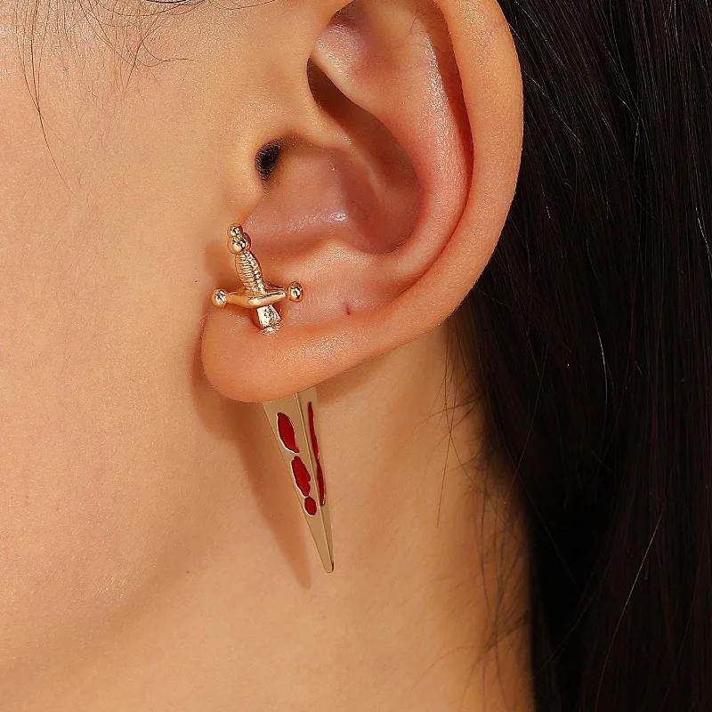 Punk Sword Gothic  Piercing Earrings for Women Men Goth Crystal Ear Jacket Dagger Stud Earrings Zircon