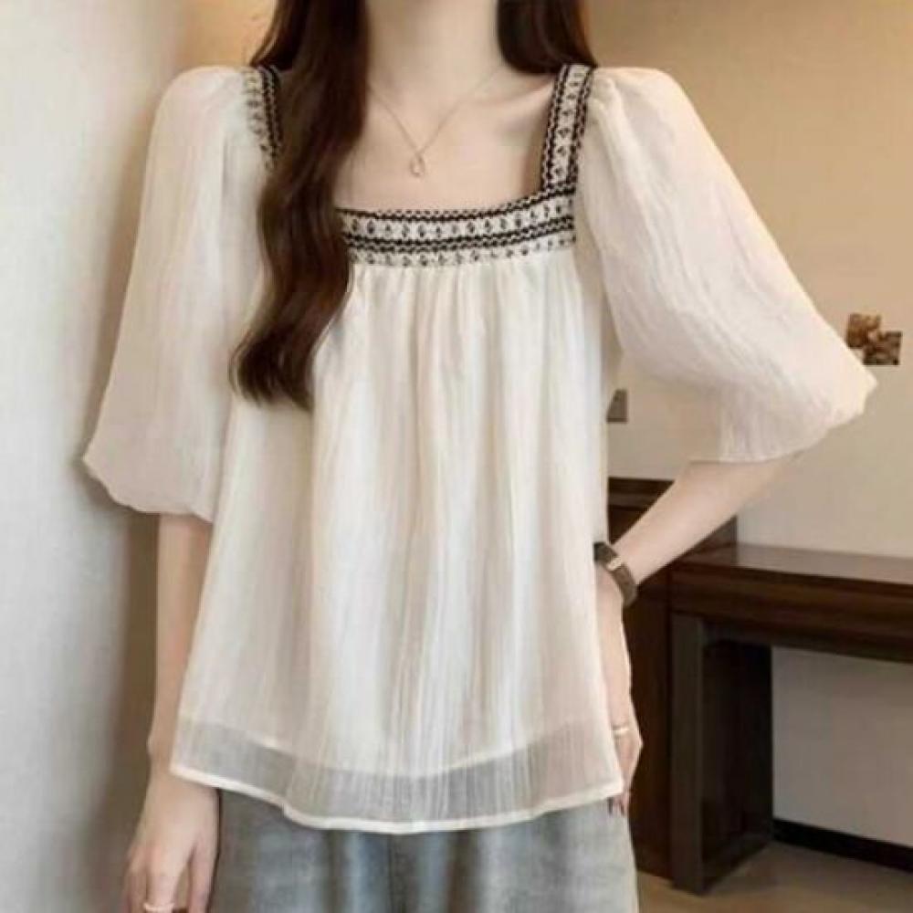 Navava Women Retro Square Neck Short Sleeve Blouse Nb2744