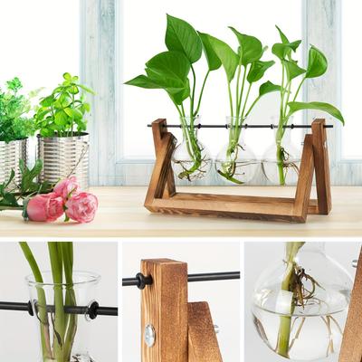 Récipient en Verre pour Plantes avec Support en Bois, 3 Pots en Verre en Forme d'Ampoule, Station de Culture de Plantes, Cadeaux pour les Amoureux des Plantes, Vase Décoration d'Intérieur