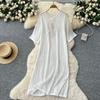 Hollowed-out Grid Knitted Dress Summer Lace-up Short-sleeved Slit Loose Dress