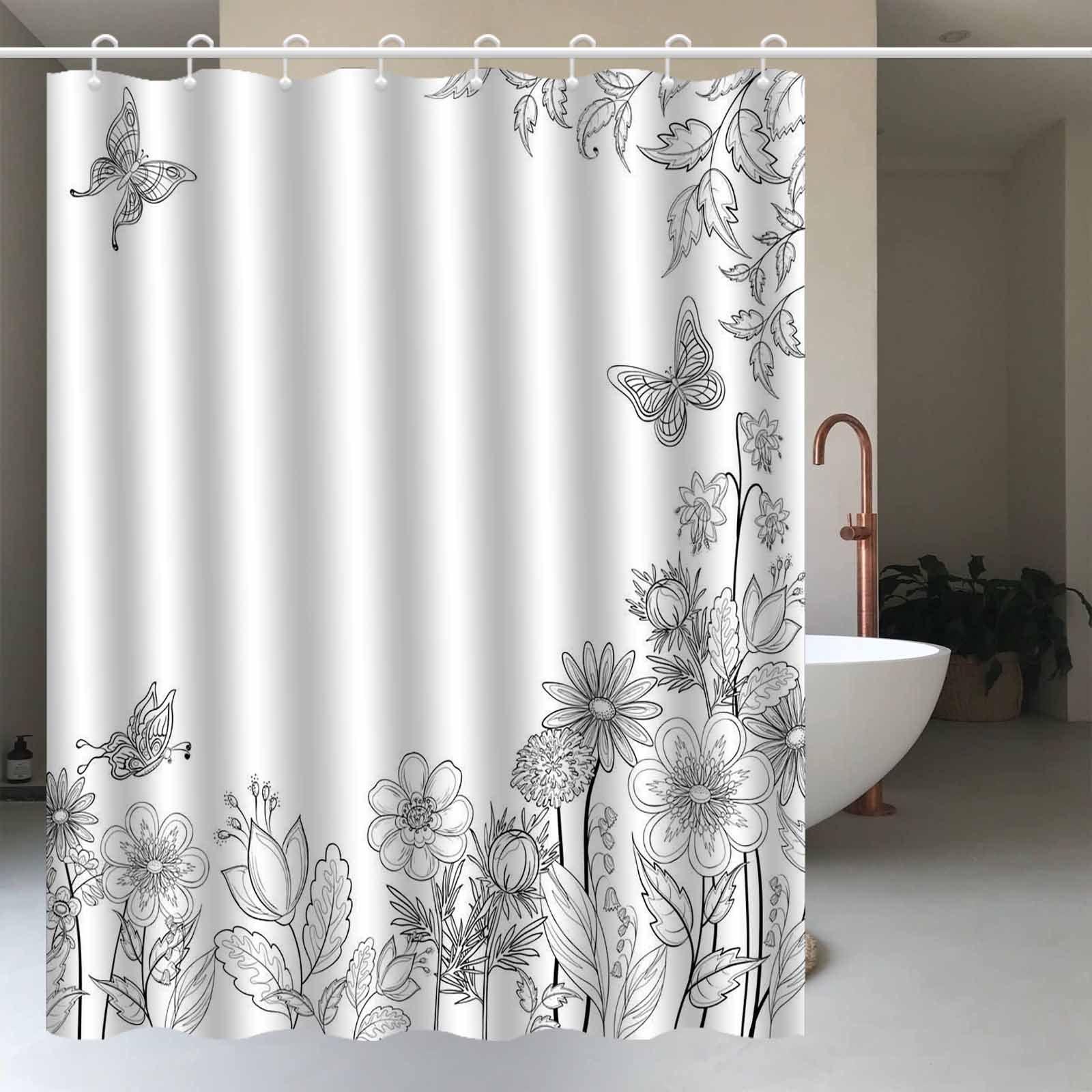 

1Pc Black And White Butterfly And Flower Pattern Shower Curtain, Polyester Fabric, Machine Washable, Suitable For Bathroom W60H190(CM)-1 Pcs
