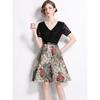 Summer Women V-neck Short Sleeve Vintage Jacquard Flower Lace Patchwork Party Dresses with Belt