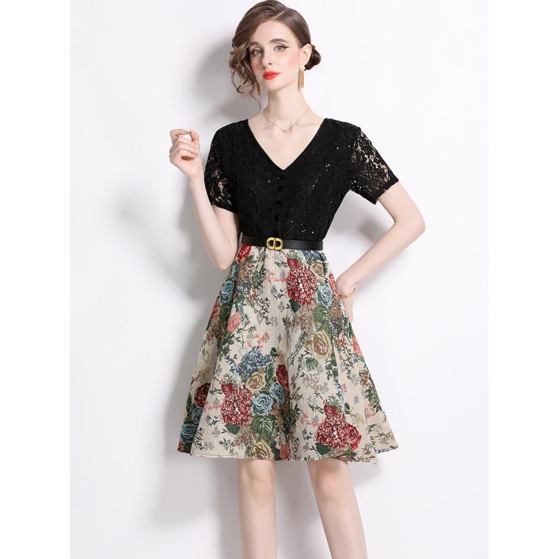 Summer Women V-neck Short Sleeve Vintage Jacquard Flower Lace Patchwork Party Dresses with Belt