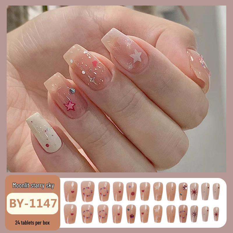 Medium Length Handmade Press-on Nails with Pure Desire Color and Diamond Star Stickers, Removable Whitening Nail Tips