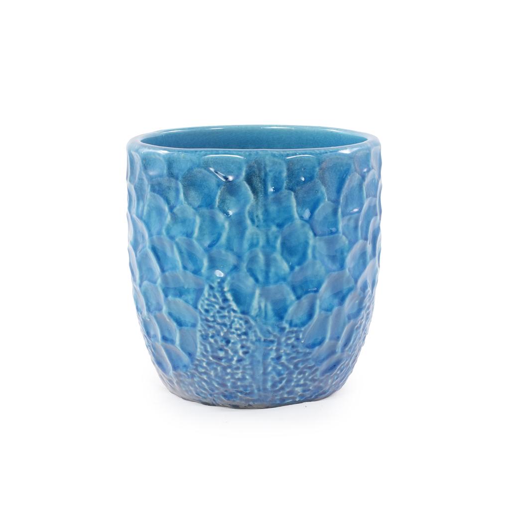 Handmade Ceramic Plant Pot Set of 4 (diameter 38/30/22.5/18 Cm), Glossy Blue with Round Hammered Relief, Frost-Resistant, with Drainage Holes