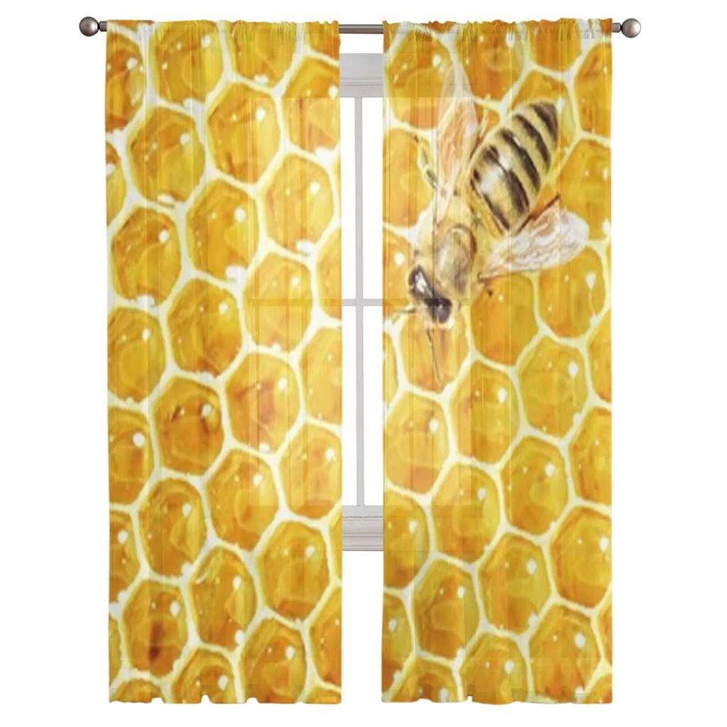 Bee Honeycomb Sheer Curtains Bedroom Voile Curtain Living Room Window Sheer Curtains Kitchen Tulle Drapes