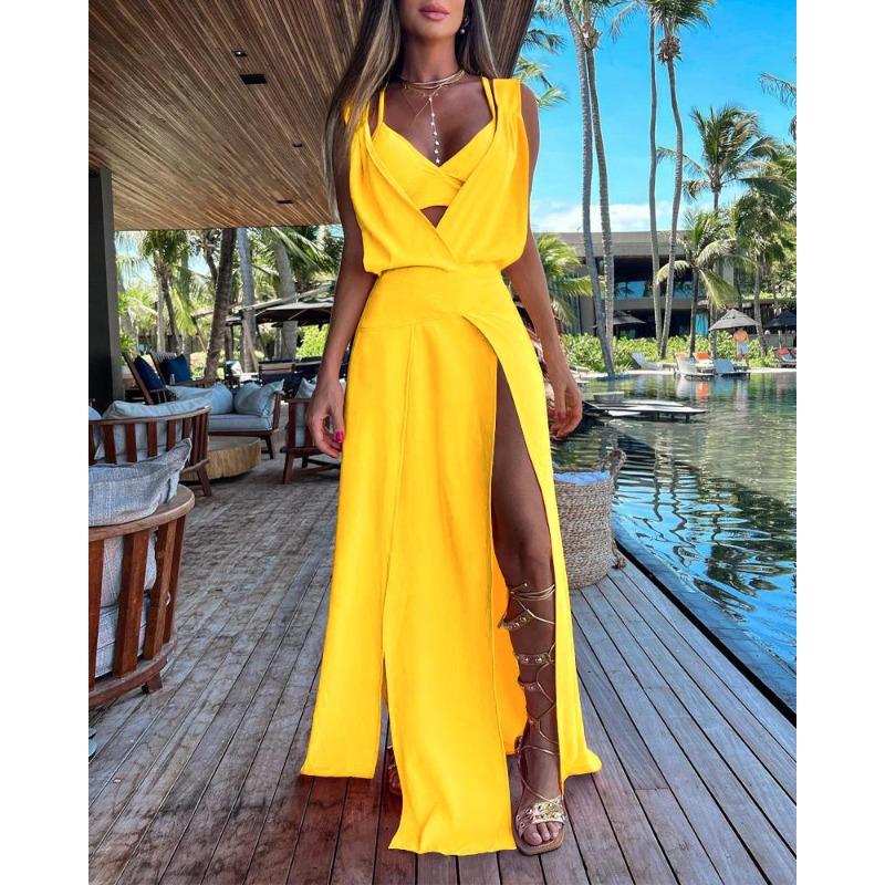 BITCED Women's Fashion Summer Spring Solid Color Print Sleeveless V-Neck Casual Dresses
