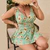 Women’s Plus Size V Neck One Piece Swimsuit with Tropical Floral Print Wide Shoulder Straps and Ruched Waist Design
