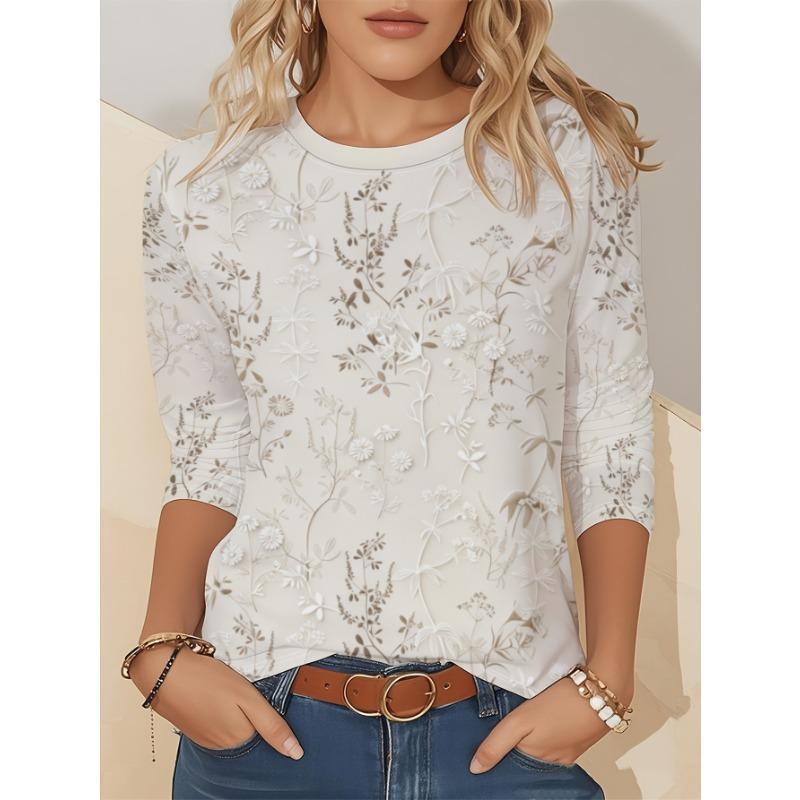 Women's Clothing, Long Sleeve Round Neck Casual Top, All Over Print T-shirt, Suitable for Spring and Autumn Season