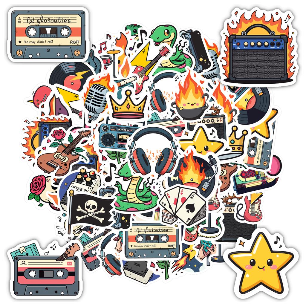 35-70pcs Rockin Music Stickers Cartoon Graffiti Decals Fans Gift Fridge Luggage Laptop Phone Guitar Car Bike Skateboard Decor