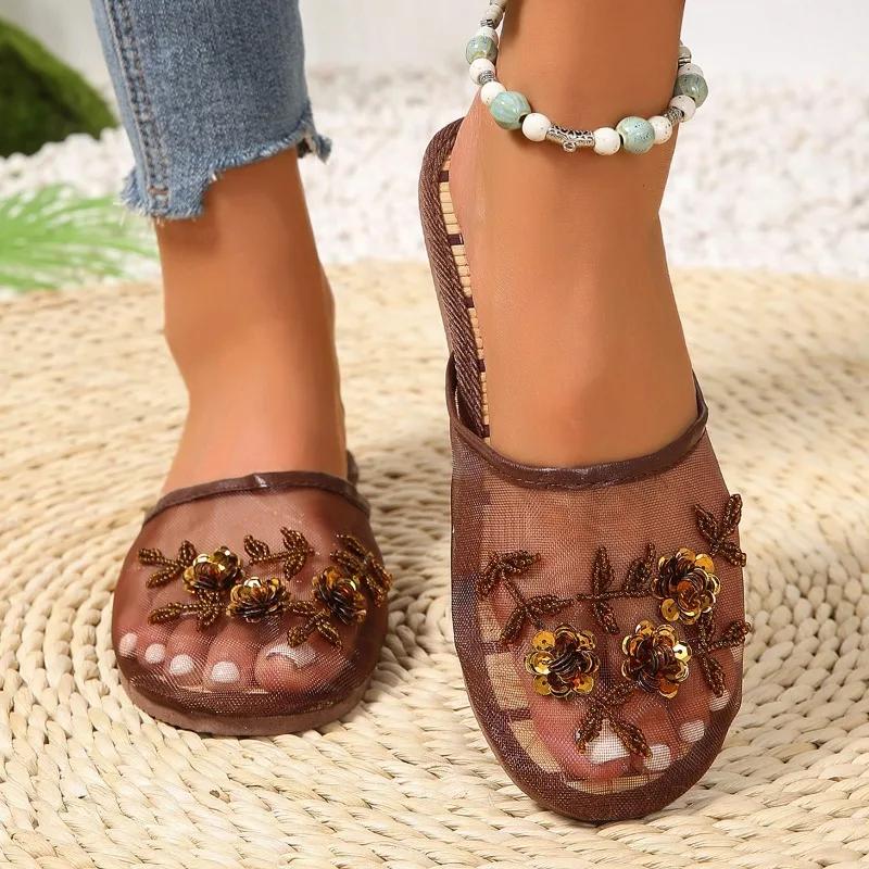 Fashion 2025 Summer Mesh Women's String Bead Floral Round Toe Slippers Retro Flats for Casual Daily Wear Outdoor Use Covered Toe Sandals