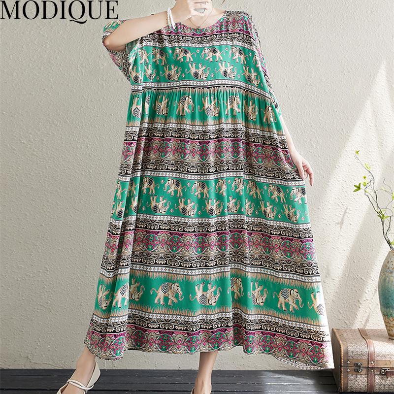 MODIQUE Sommer Übergröße Neues Kleid Hemd Damen Vintage Baumwolle Leinen Falten Kleid Drucken Lässig Damenkleider Kurzarm O-Ausschnitt Volantkleid