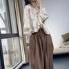 Women's Floral Print Linen Blouse V Neck Puff Long Sleeve Sheer Casual Top