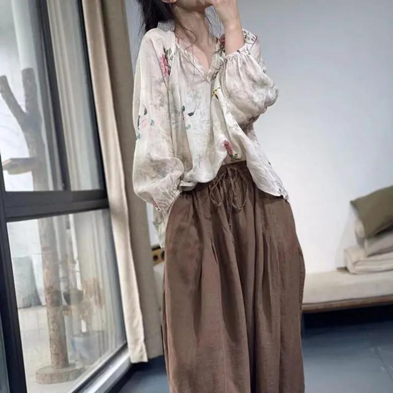 Women's Floral Print Linen Blouse V Neck Puff Long Sleeve Sheer Casual Top