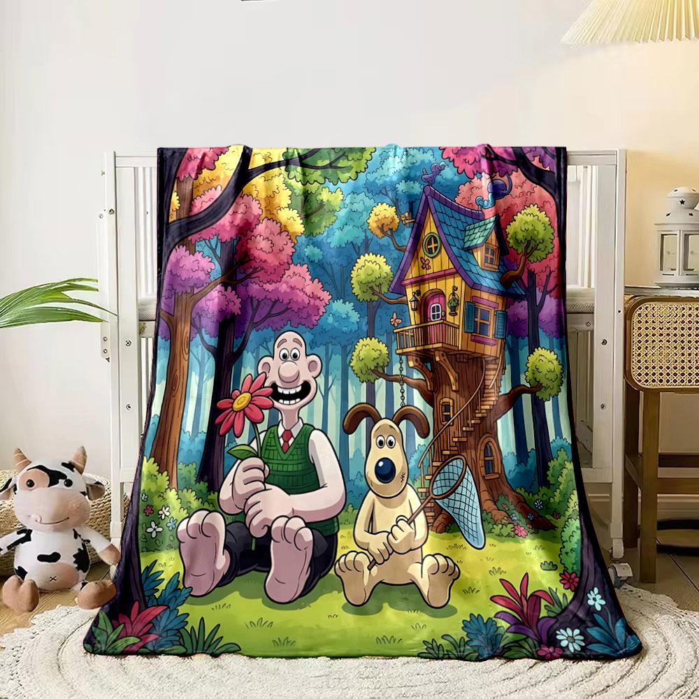 

A colorful forest scene with a quirky treehouse and cheerful characters. for all seasons blanket lunch break throw gift 80cm x 120cm