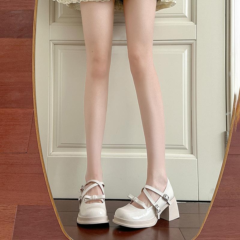 2025 New French Bow One-word Buckle High Heels Women's Platform Shoes Mary Jane Small Leather Shoes Thick Heel Single Shoes