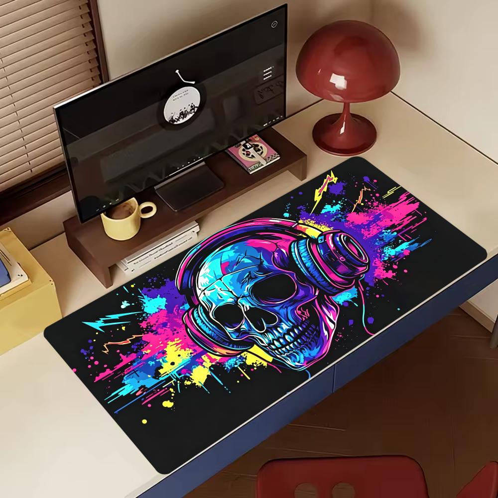Neon Skull Headphone Extended Gaming Mouse Pad NonSlip Desk Surface Colorful Graffiti Punk Rock Art Print For Gaming Setup