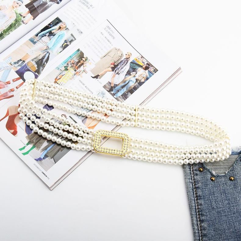 Ladies Dress Embellished With Four Rows Of High-Quality Pearl Elastic Elastic Flash Diamond Belt Waist Chain