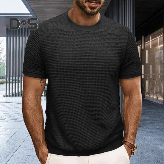 Summer Men Tops Knitted Round Neck Short Sleeves Solid Color Ribbed Elastic T-shirt Slim Fit Pullover Casual Daily Clothes