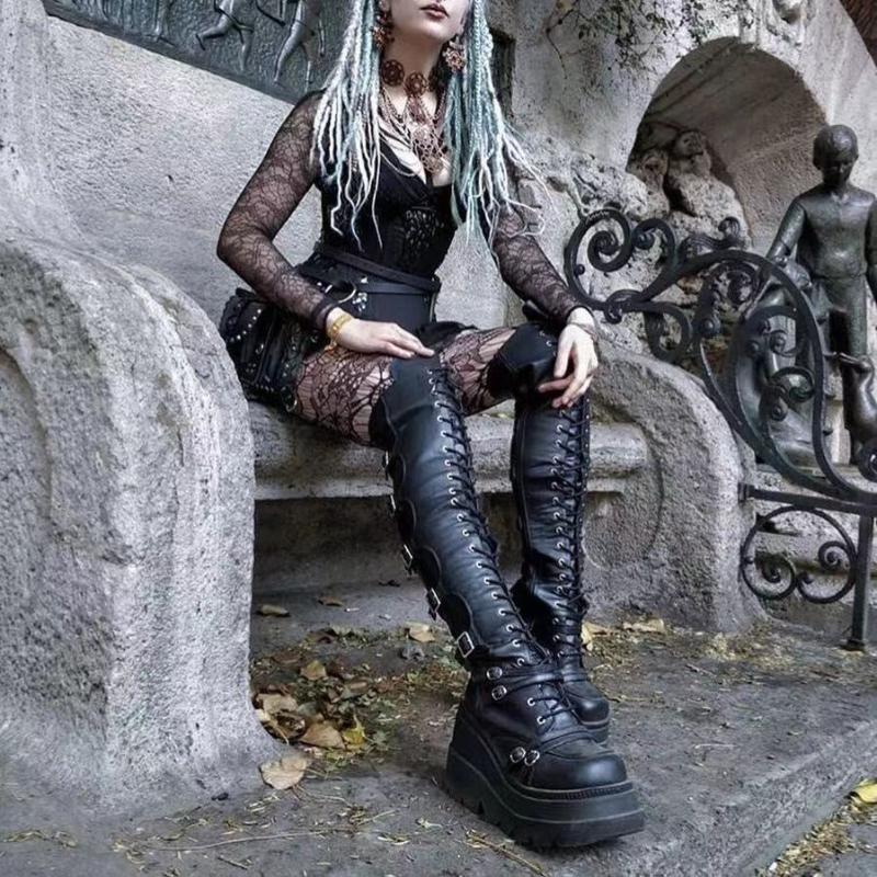 Botas de Otoño e Invierno para Mujer con Suela Gruesa de 9,5 cm y Tacones Inclinados Botas por Encima de la Rodilla Botas Oscuras y Elegantes Talla Grande 35-43