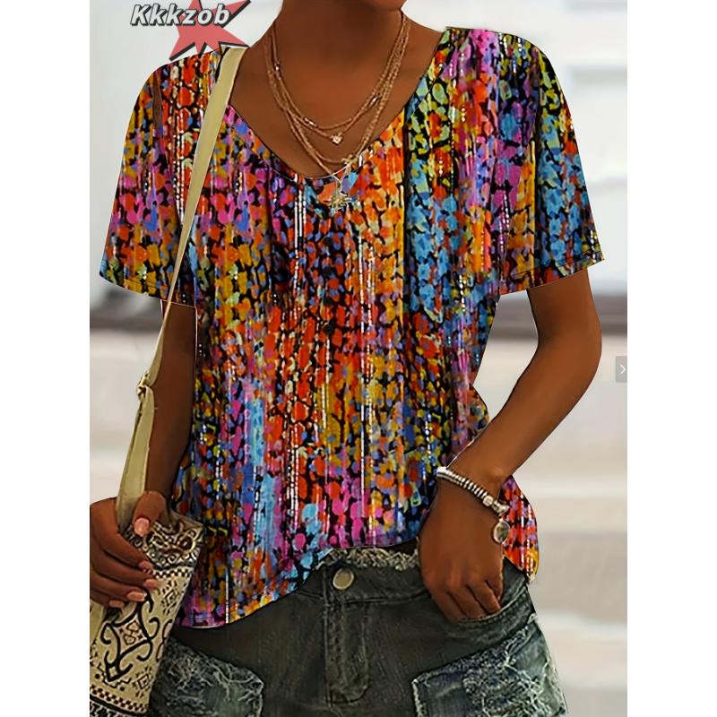 Damen T-Shirts V-Ausschnitt 3D Kunstdruck Tops Locker Kurzarm T-Shirts Sommer Streetwear Mode Lässig Übergroße Damenbekleidung