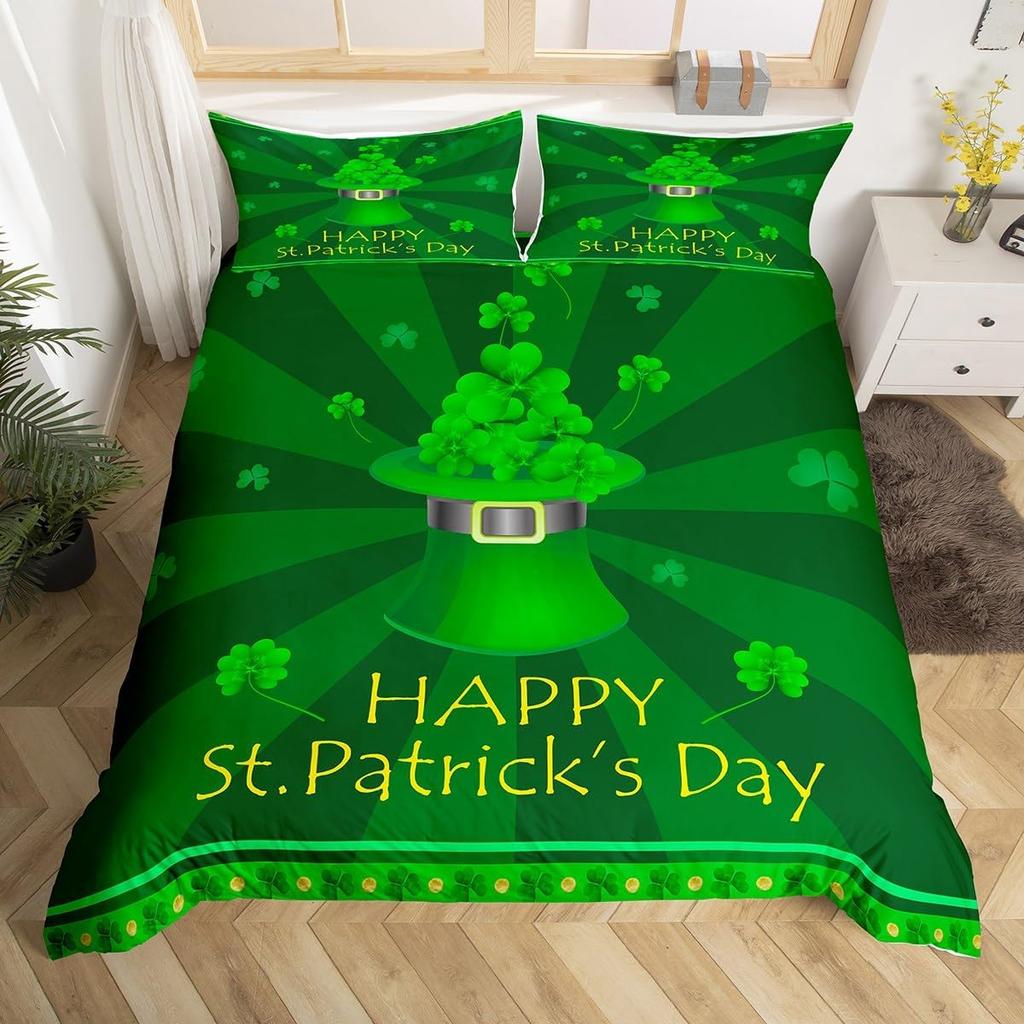 Kids Happy St. Patrick'S Day Duvet Cover Twin Queen Green Clover Comforter Cover With 2 Pillowcases, Colorful Plank Bedding Set