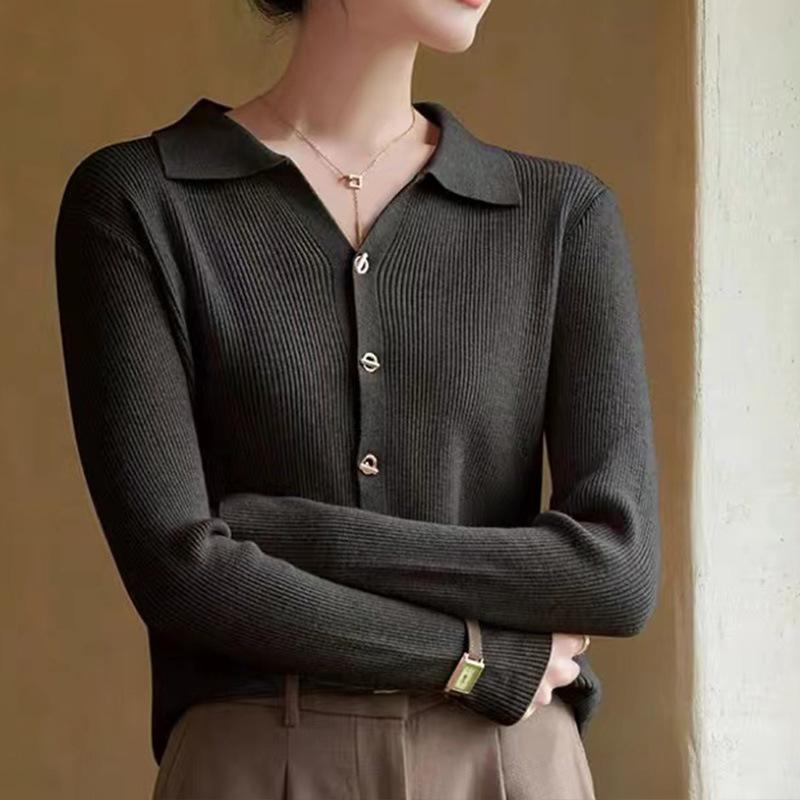 Lapel Knitted Cardigan Women's Early Autumn New Solid Color Lapel Top Long Sleeve Fashion Temperament Sweater Women